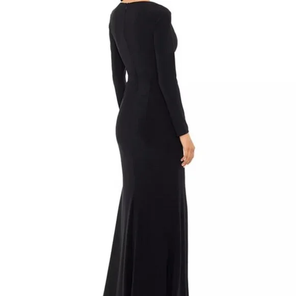 Xscape Black Nude V-Neck Long Sleeve Gown
